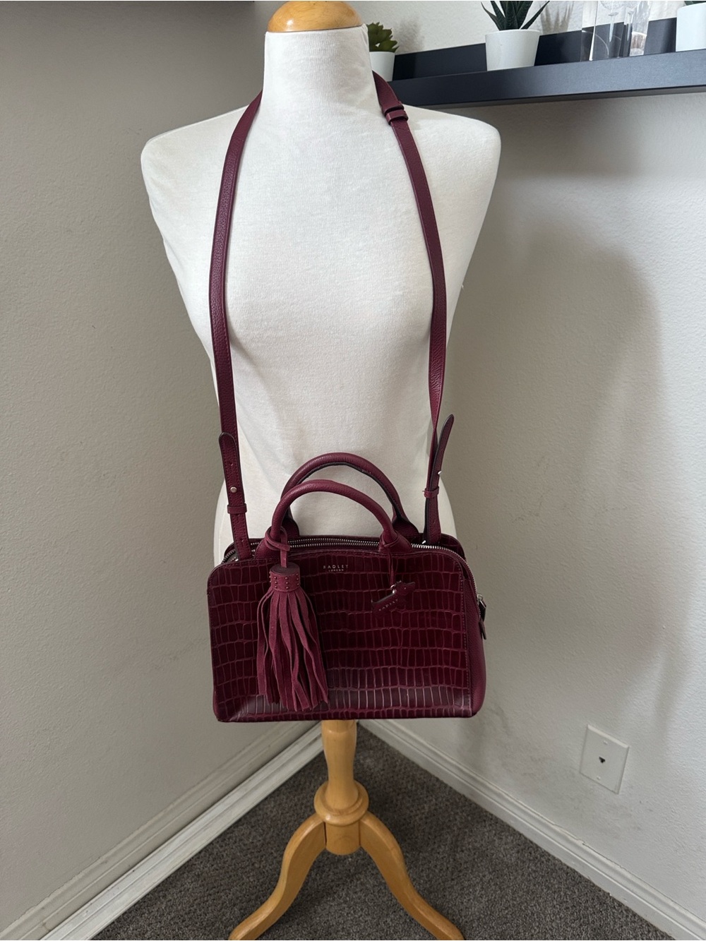 RADLEY LONDON Wine Croc-Embossed Leather Satchel with Tassel